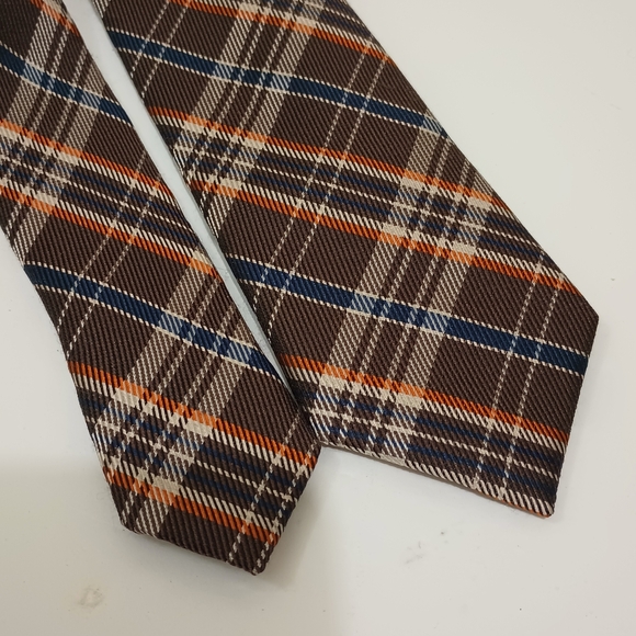 The Tie Bar Silk Wool Diagonal Brown Orange Blue Plaid Men's Skinny Necktie - Picture 10 of 12